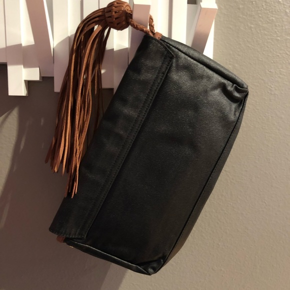 Whimsical Jessica Kagan Cushman black designer clutch with leather fringe detail - Picture 6 of 9